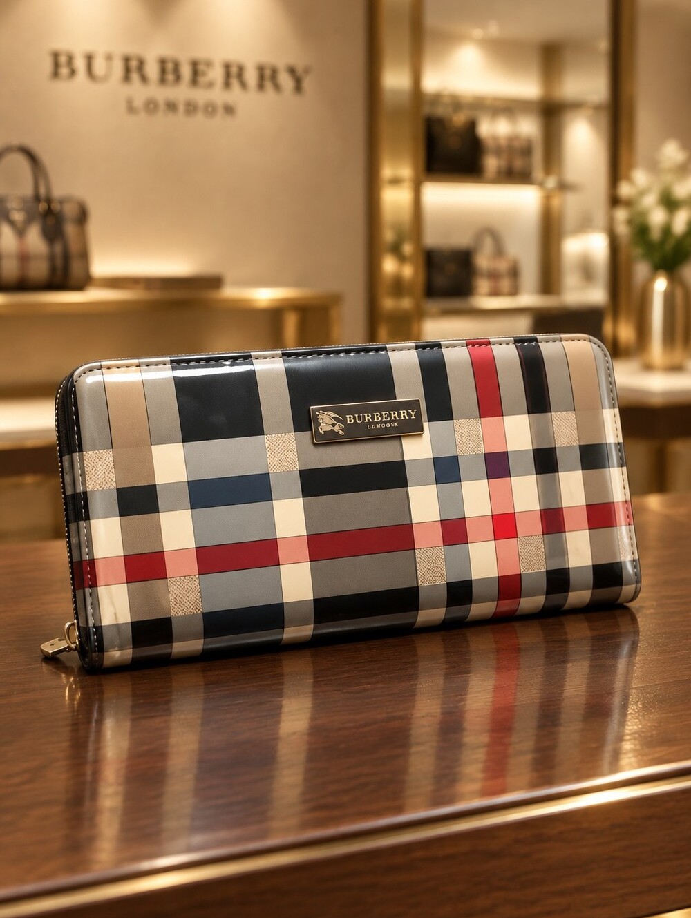 Burberry Plaid Vinyl Zip Wallet Clutch in Beige, Red, Black